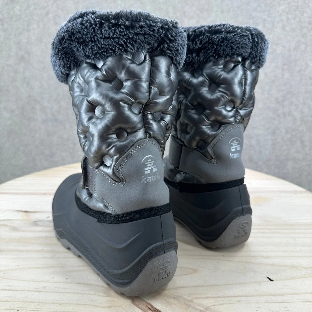 Kamik Kids Penny 3 Winter Boots Metallic Silver Quilted Snow Boots 2 Faux Fur